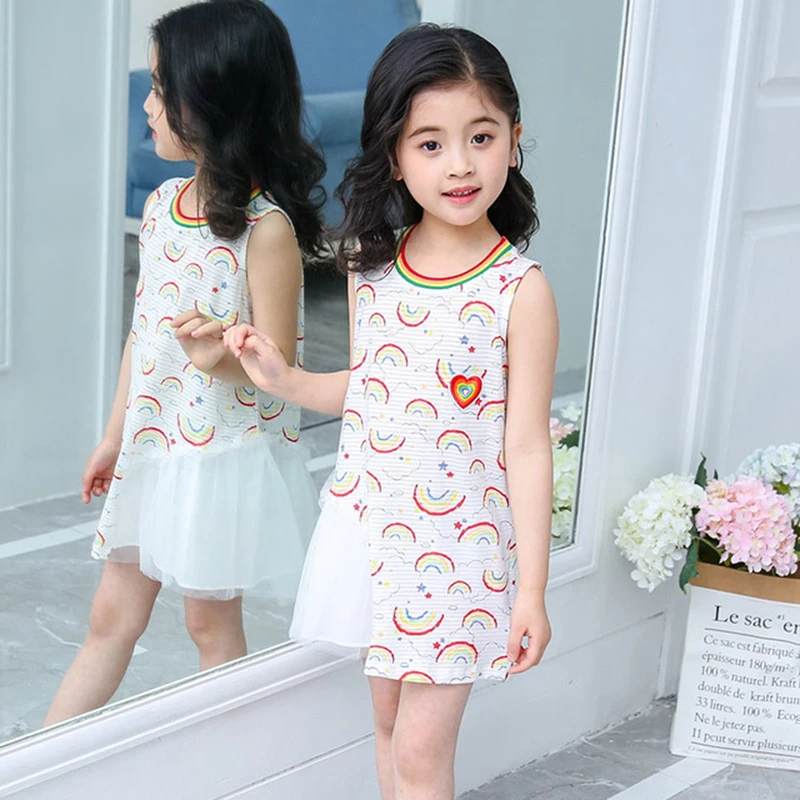 Rainbow Girl Dresses Patchwork Mesh White Kid A-line Sleeveless Princess Fairy Dressing for Girls Children's Clothing | Детская
