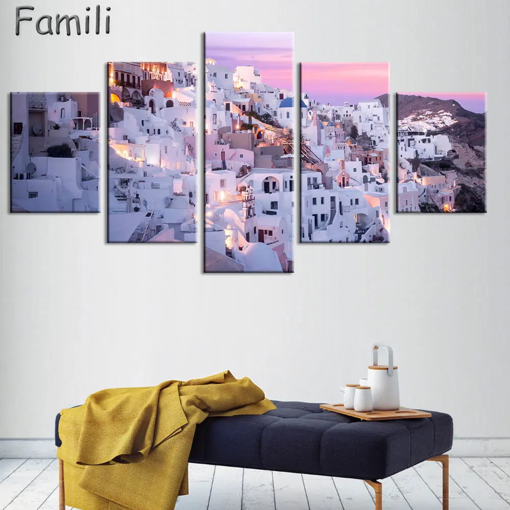 

5 Panel Modern Painting Home Decorative Art Picture Greece Santorini Island Scenery Printed Painting Living Room Wall Hanging