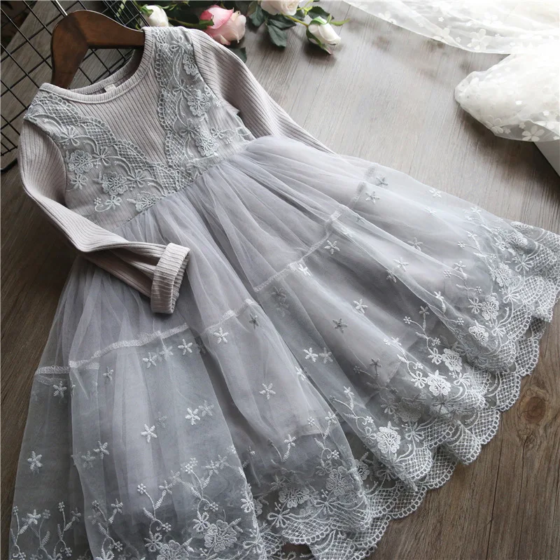 Girls Christmas Flower Lace Long Sleeve Dress Kids Clothes For Baby Princess Spring Autumn Party Gown Children Wedding Wear 2-7Y | Детская