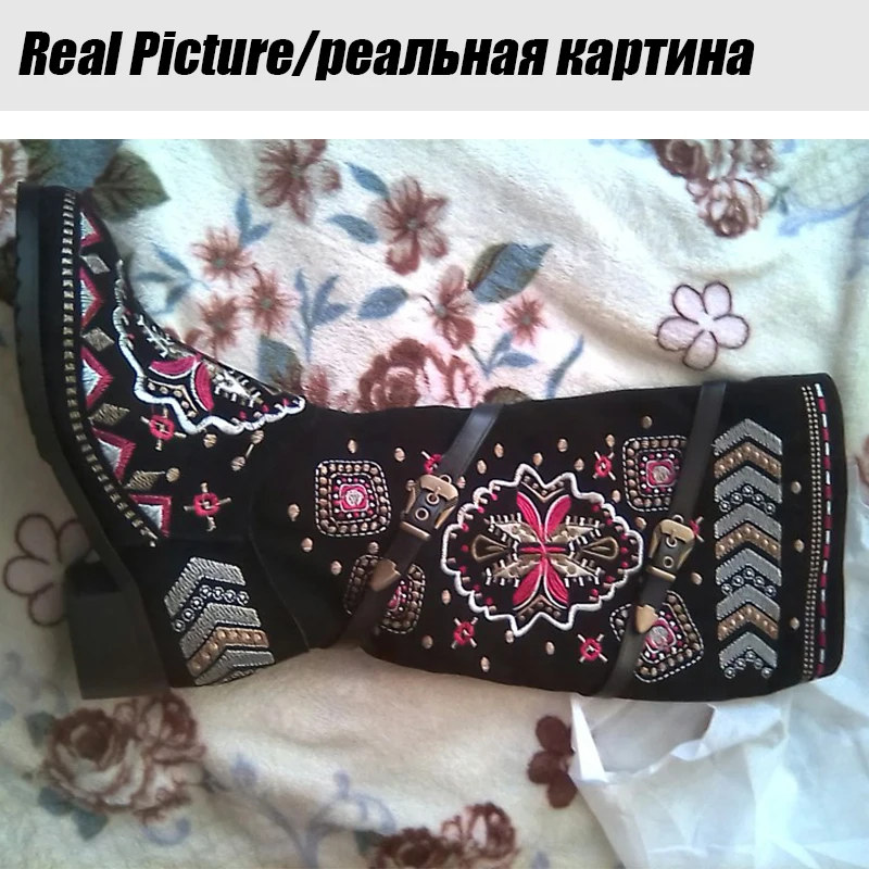 BONJOMARISA/брендовые сапоги для верховой езды до середины голени в этническом стиле, размеры 34-46 женские замшевые сапоги из натуральной кожи с вышивкой г. Женская обувь на среднем каблуке