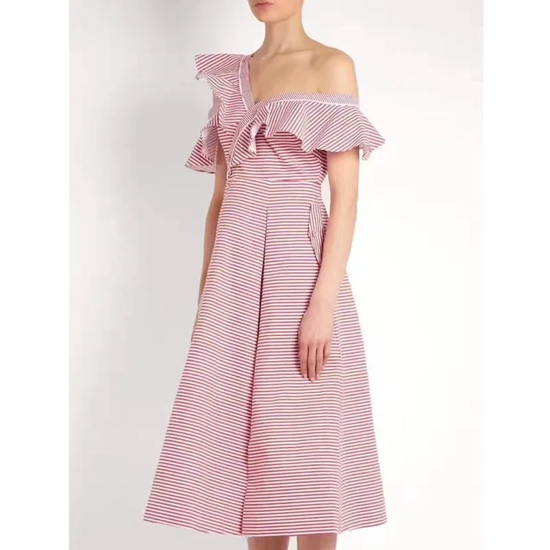 Винтажные розовые и белые в полоску миди платье Женщины Осень открытыми плечами