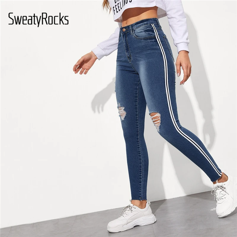 SweatyRocks, в полоску, с боковыми рваными краями, обтягивающие джинсы для отдыха, эластичные длинные джинсовые штаны,, Весенняя женская уличная одежда, повседневные синие джинсы