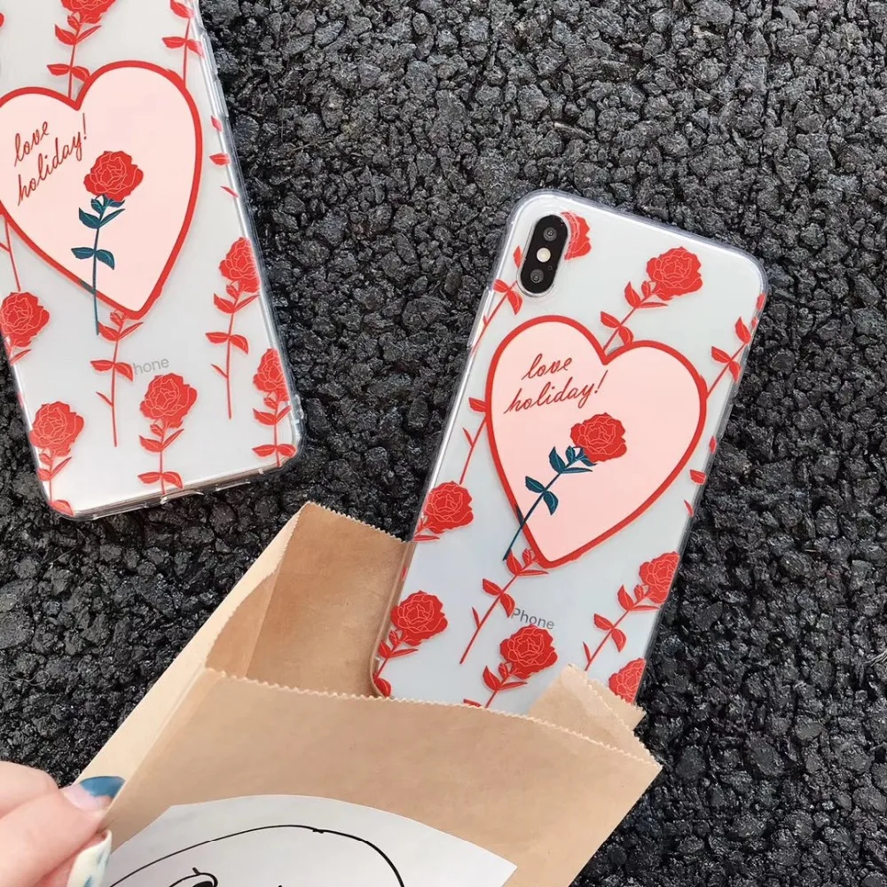 Модные прозрачные чехлы с изображением сердца розы для iphonXs max X XR 6s 7 8 plus мягкий