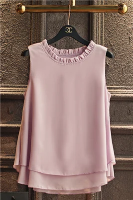 Light purple Летняя Новинка, модная двухслойная женская шифоновая блузка с гофрированным воротником, свободные шифоновые рубашки без рукавов - Цвет: Light purple