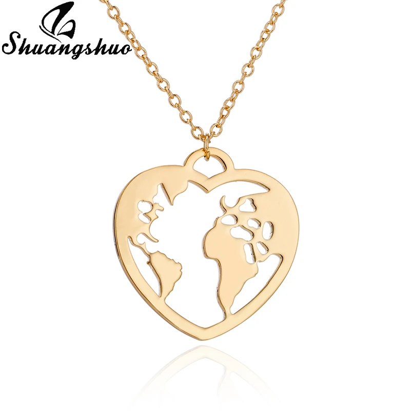Shuangshuo Necklaces For Women Stainless Steel World Map Pendant Necklace Heart Shap Choker femme collares bijoux collier | Украшения и
