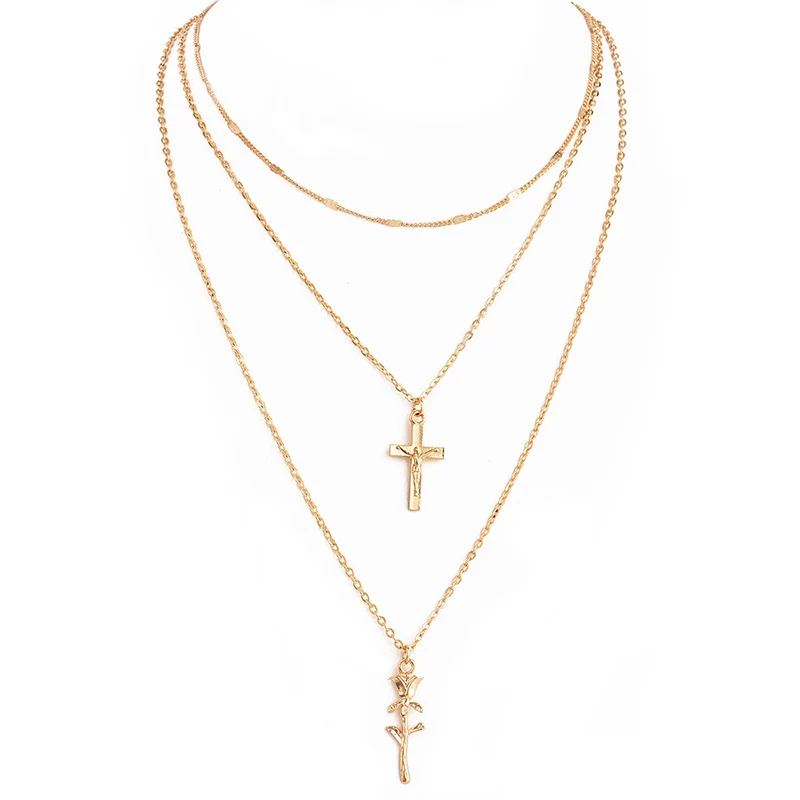 Bohemian Gold Color Cross Rose Star Pendant Necklace for Women Multi-layer Chain Choker Popular New jewelry Gift | Украшения и