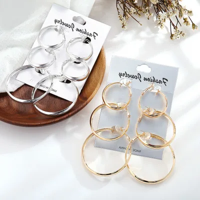 

one's set Steel Oversized Big Circle Hoop Earring Set For Women Simple Punk Style Brincos Round Earrings 6 pair Party Gift