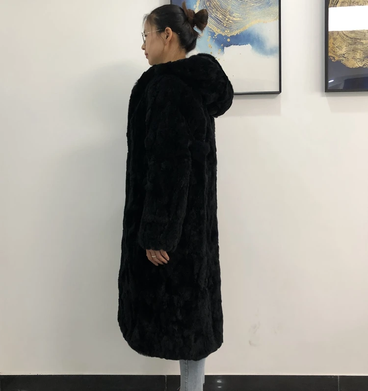 Натуральный мех кролика Рекс зимнее женское пальто длинное модное пальто из натурального меха женский Настоящий мех кролика пальто с капюшоном теплая шапка