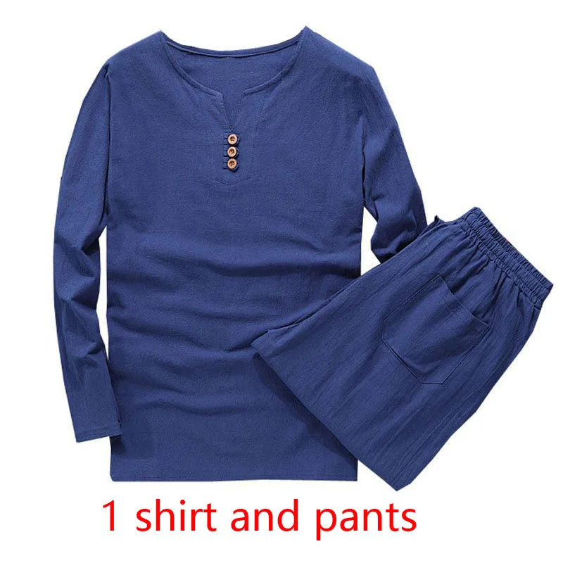 Blue(with pants) MFERLIER Демисезонный рубашка мужская 5XL 6XL 7XL 8XL 9XL 10XL Большие размеры Хлопок Лен Длинные рукава бюст 155 см Большие размеры мужские рубашки - Цвет: Blue(with pants)