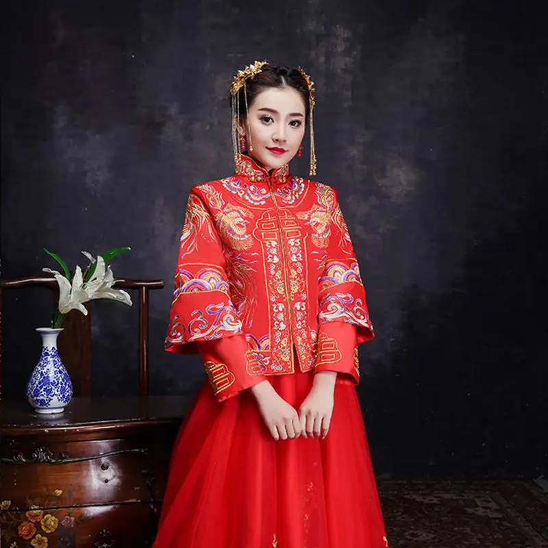 

Китайское женское традиционное платье Чонсам с цветочной вышивкой, атласное женское платье Ципао, свадебное Сетчатое платье со шлейфом, од...