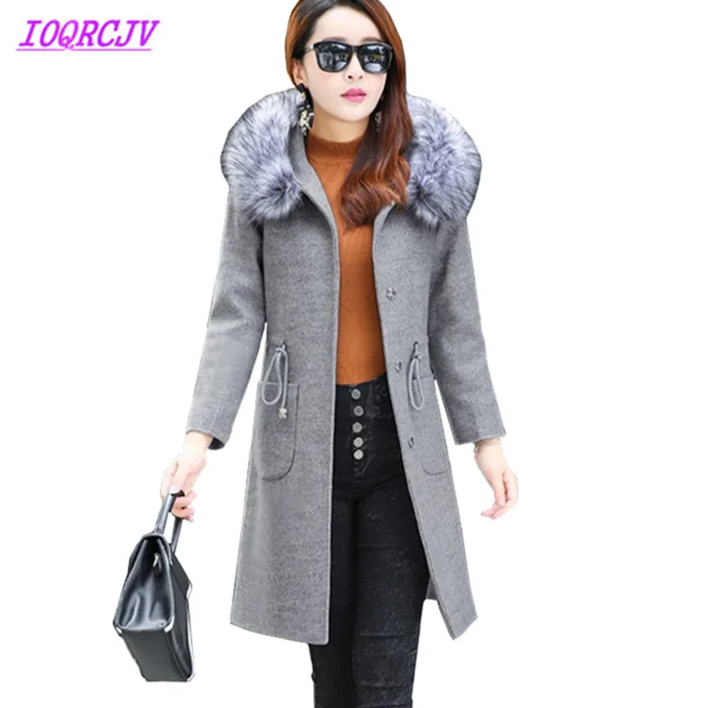 Женская шерстяная куртка с капюшоном и меховым воротником Осень зима 2018|women woolen