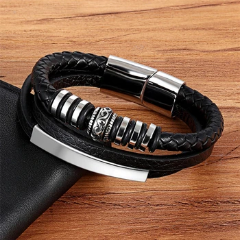 Geometrically Irregular Graphics Stainless Steel Genuine Leather Bracelet 2