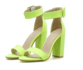 Green Aneikeh/ г. Летние женские босоножки из PU искусственной кожи вечерние однотонные туфли на высоком квадратном каблуке, с круглым носком, с ремешком и пряжкой, цвета: розовый, красный, зеленый, оранжевый, Размеры 35-42 - Цвет: Green