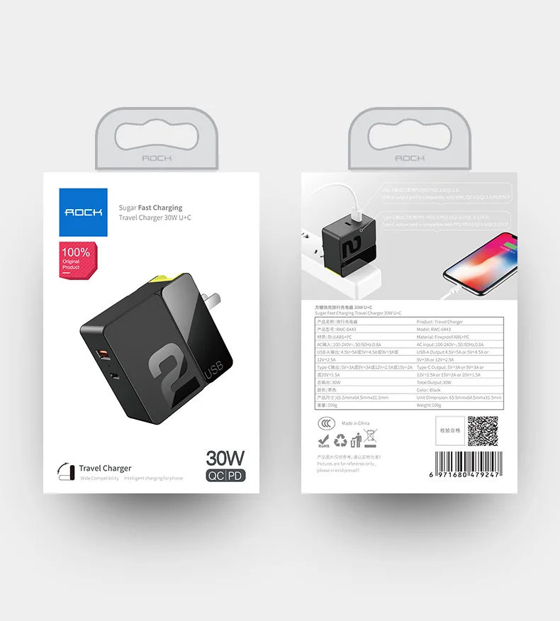 Rock 2 USB зарядное устройство Универсальный Быстрый QC3.0 PD зарядное устройство дорожный адаптер 3,6-6V3A 6,1-9V2A 5V4A ЕС Разъем для iPhone samsung Xiaomi