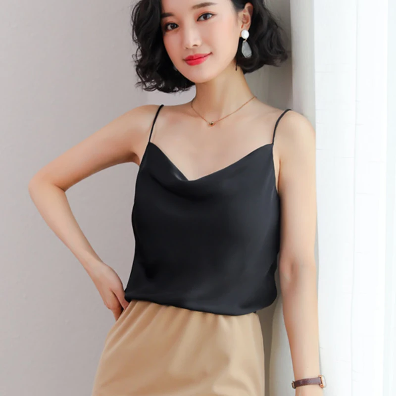 

Tank Top Women Chiffon Blouses 2021 New Summer Sexy Sleeveless Faux Silk Shirt Cami Loose Female Crop Tops Vest Ladies Black