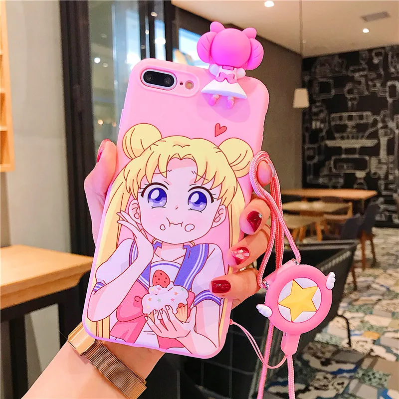 cute Cartoon Hanging neck rope doll Sailor Moon pink Mobile Phone Case for iphone 11 pro 6 6plus 7 8 plus X XR XS MAX case Capa |