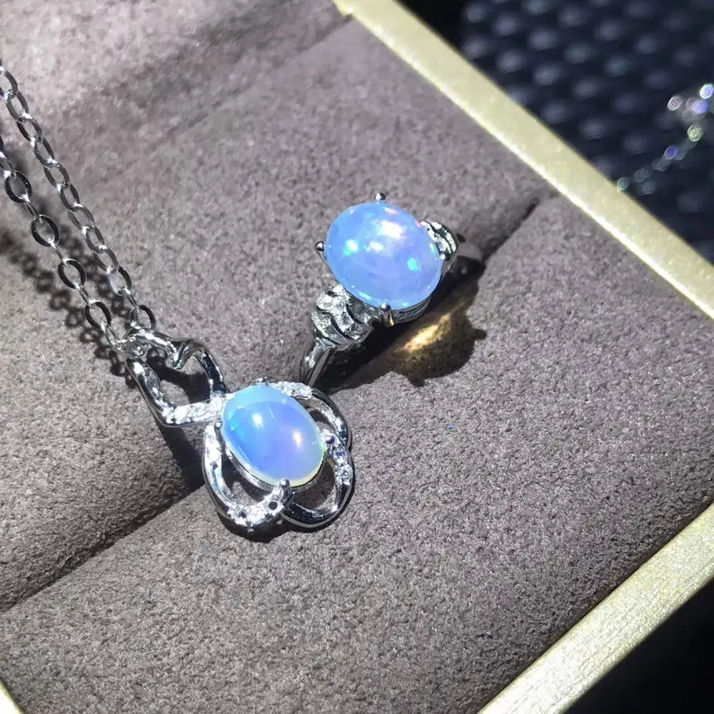 

Fashion opal gemstone necklace ring jewelry set certified oval natural gem real 925 silver girl date gift good fireworks