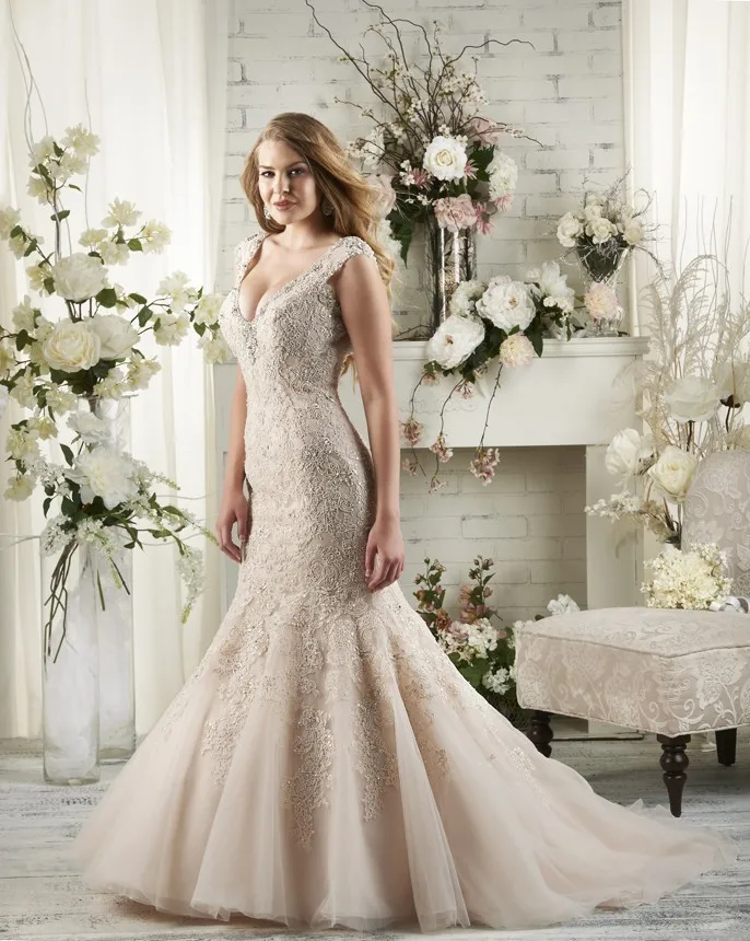 fashion romantic champagne wedding dress 2016 backless mermaid appliques lace bridal marry gown for party vestido noiva | Свадьбы и