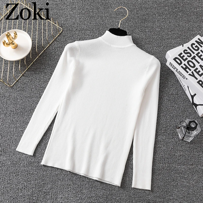 Zoki Autumn Warm Women Sweater Tight Half Turtleneck Elastic Solid Knitted Korean Pullovers Top Long Sleeve Winter Basic Jumper | Женская