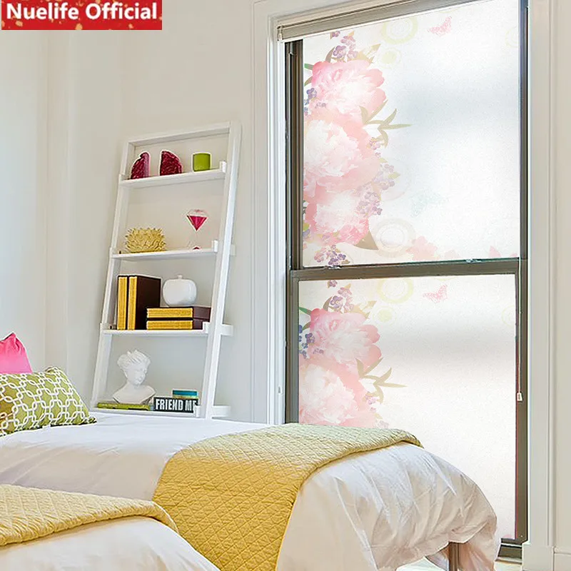 

Pink peony flower pattern static glue-free glass film bathroom living room bedroom window sliding door office opaque glass film