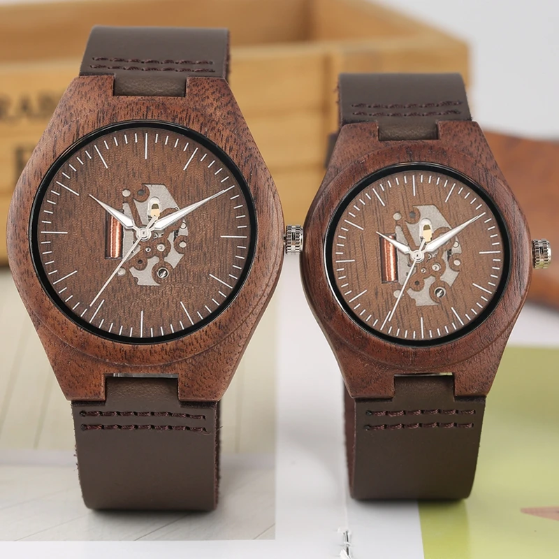

Lovers Gifts Walnut Wood Watch Retro Stripe Men's Skeleton Hollow Dial Luxury Leather Band Creative Wooden Watches for Men Women