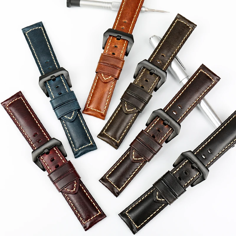 MAIKES Watch Accessories Oil Wax Leather Watch Strap 20mm 22mm 24mm 26mm Watchbands Vintage Blue Watch Band Bracelet For Panerai