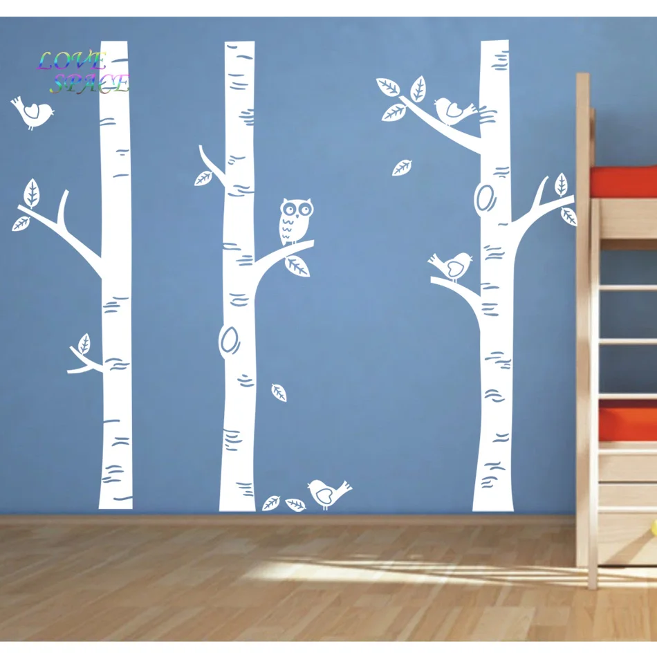 TOP Owl Birds Wall Sticker 3 Big Birch Tree Wall Decals Great for Nursery- Baby Nursery Room Art Mural Vinyl Wall Decor Stickers