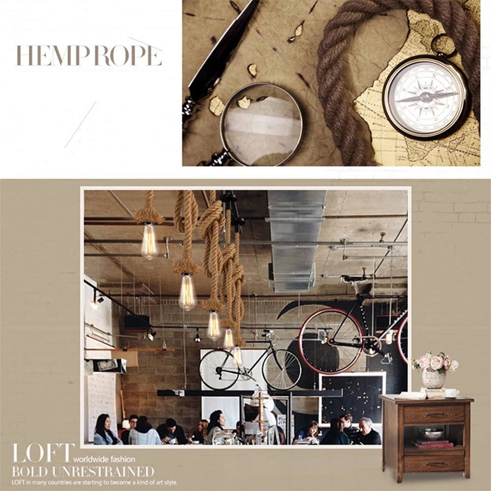 Vintage Hemp Rope Pendant Light AC90-260V Loft Creative Personality Industrial Retro Lamp Edison Bulb E27 Holder Hanging | Лампы и