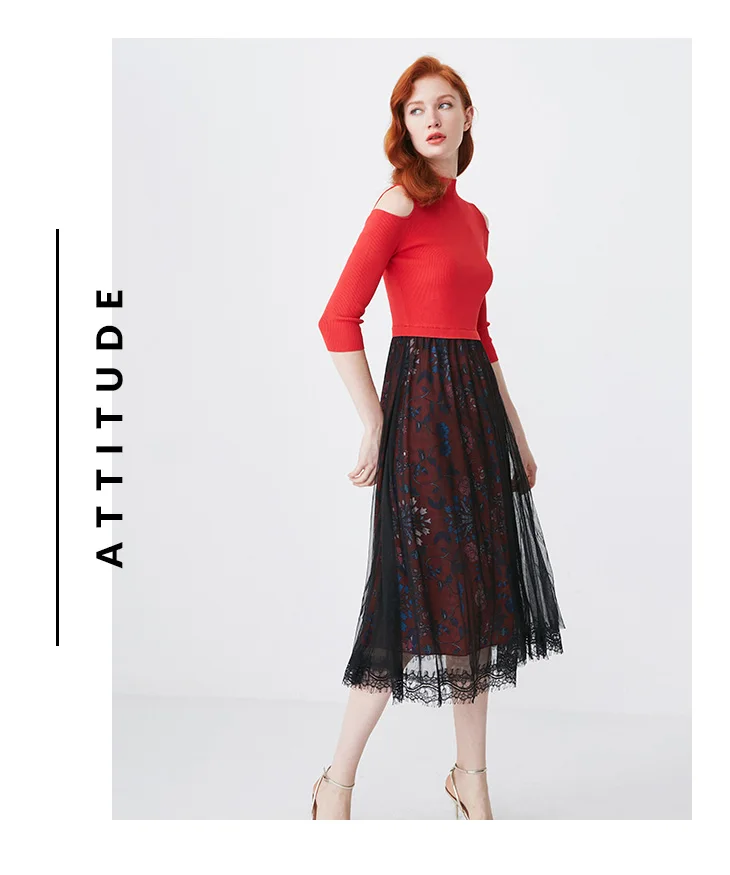 Отборные весенние кружева печати Slim Fit зонтик форма трикотажное платье S | 419146506