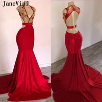 janevini sexy red mermaid long evening dresses deep v neck gold appliques beaded african elastic satin women formal party gowns