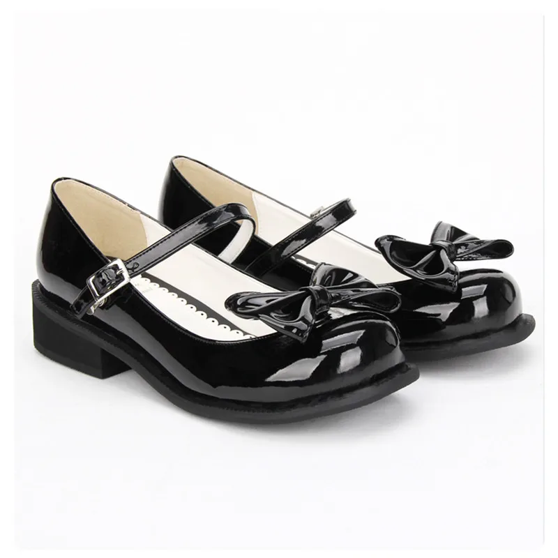 Женские черные лакированные кожаные туфли на низком каблуке в японском стиле