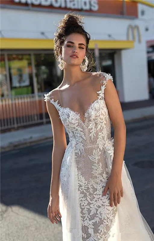 Vestido De Noiva мусульманское свадебное платье Русалка с короткими рукавами Тюль Аппликации пляж свадебное платье в богемном стиле свадебное платье