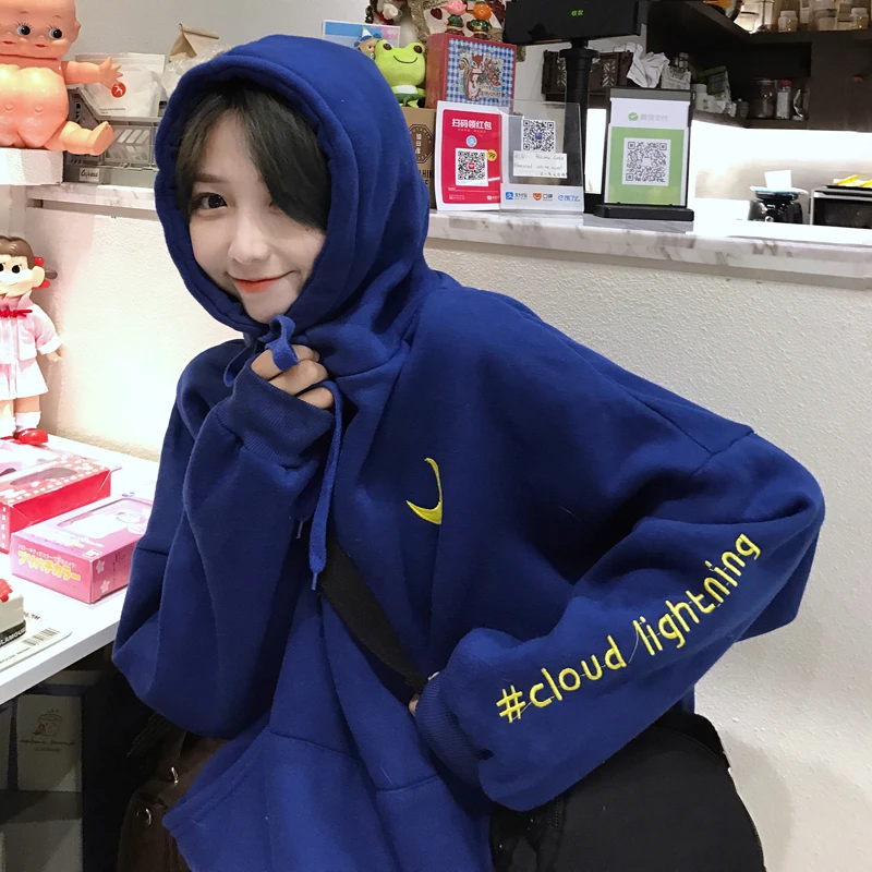 Harajuku Письмо Луна вышивка Для женщин толстовки плюс бархат сладкий с капюшоном студент толстовка с длинными рукавами и карманами Для женщин пуловеры