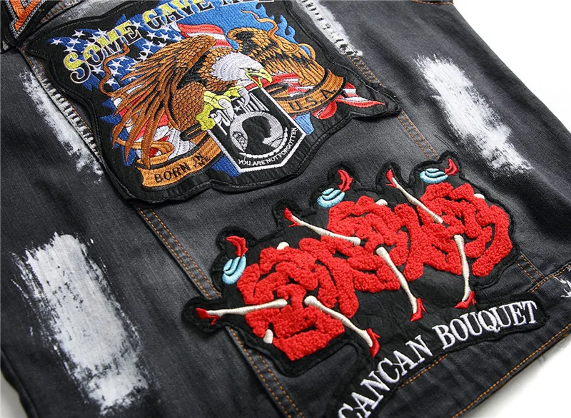 

New Mens Letters Badge Patchwork Embroidery Eagle Denim Vest Painted Sleeveless Tank Top Trendy Casual Denim Waistcoat D255