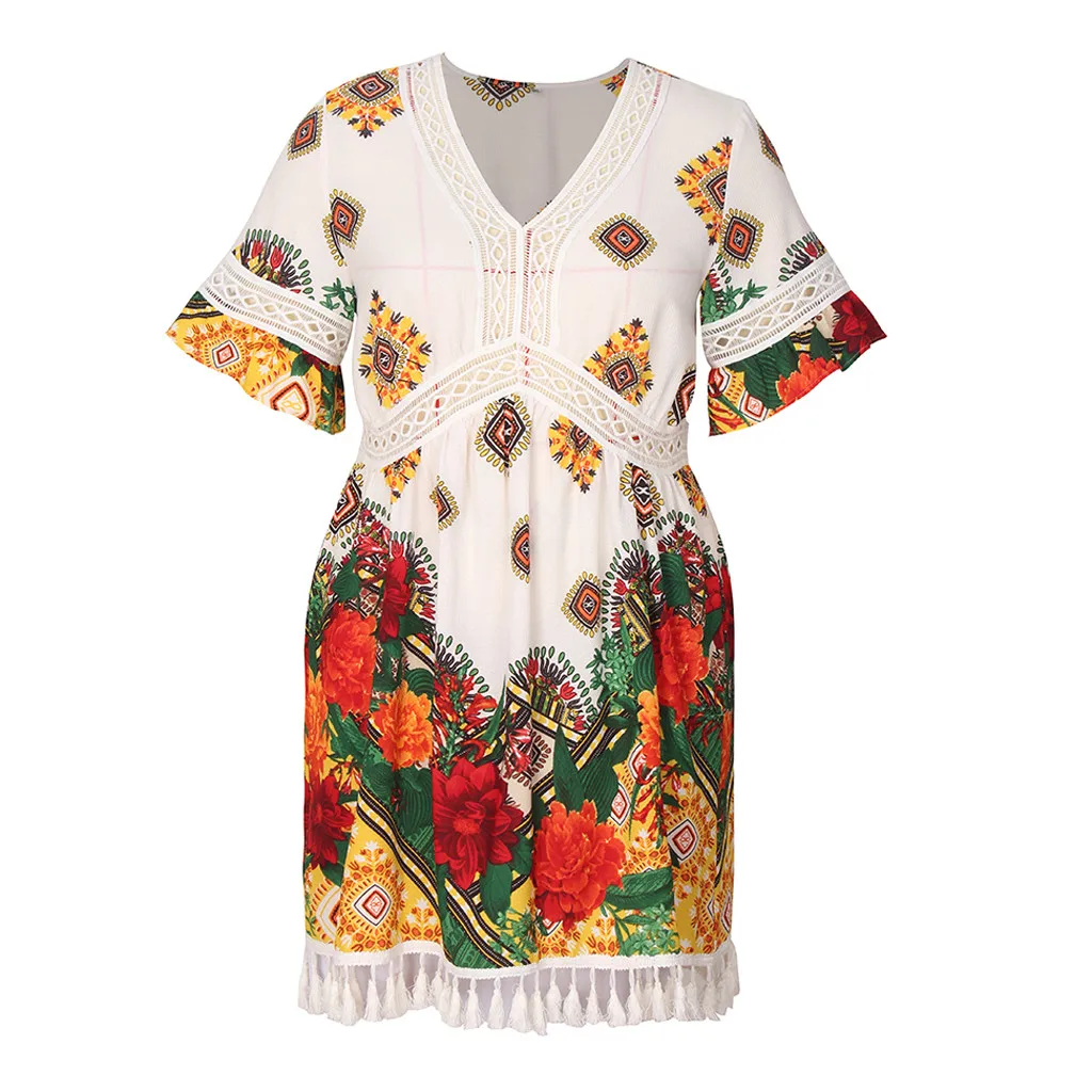 Черный Plus Size Women Summer Dress Bohemian Floral Print Tassels Short Sleeve Dress Vintage Women V-Neck Beach Dresses roupas feminina - Цвет: Черный