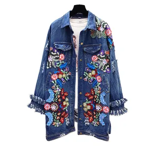 Куртка-бомбер ручной работы из денима с бисером, Свободный длинный кардиган с 3D бисером и дырками, Цветочная вышивка пайетками