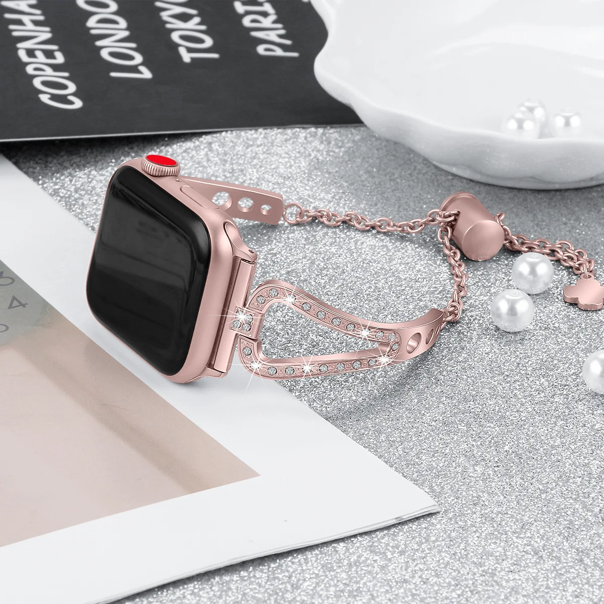 Для женщин алмаз ремешок для наручных часов Apple Watch 38 мм, 42 мм, 40 мм 44 наручных часов iwatch, 5 группа серии 4/3/2/1 Нержавеющая сталь металлический браслет