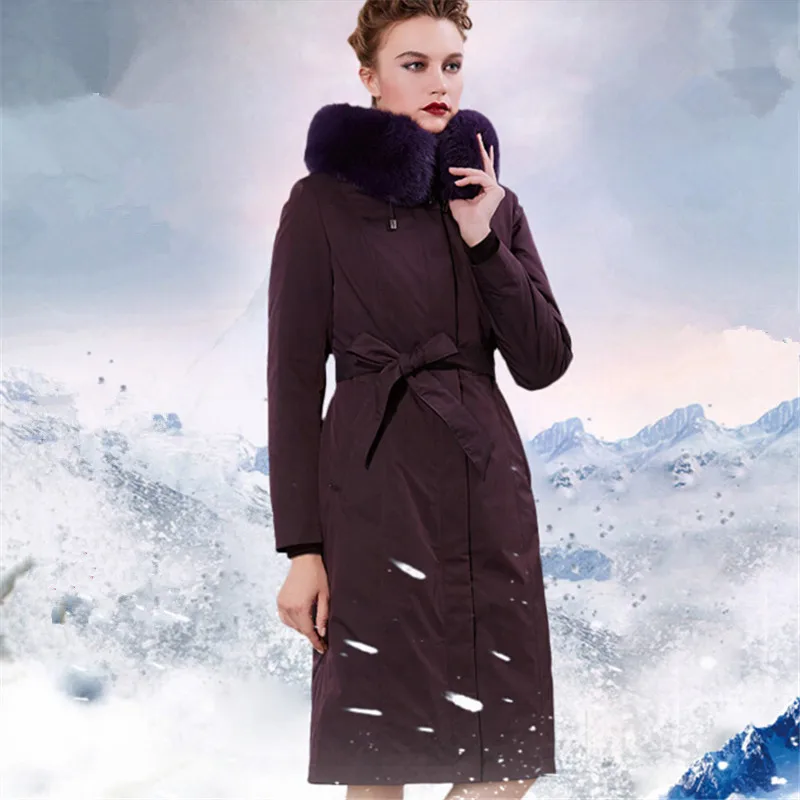 Пуховик с меховым воротником женский длинный дизайн выше колена уплотненный