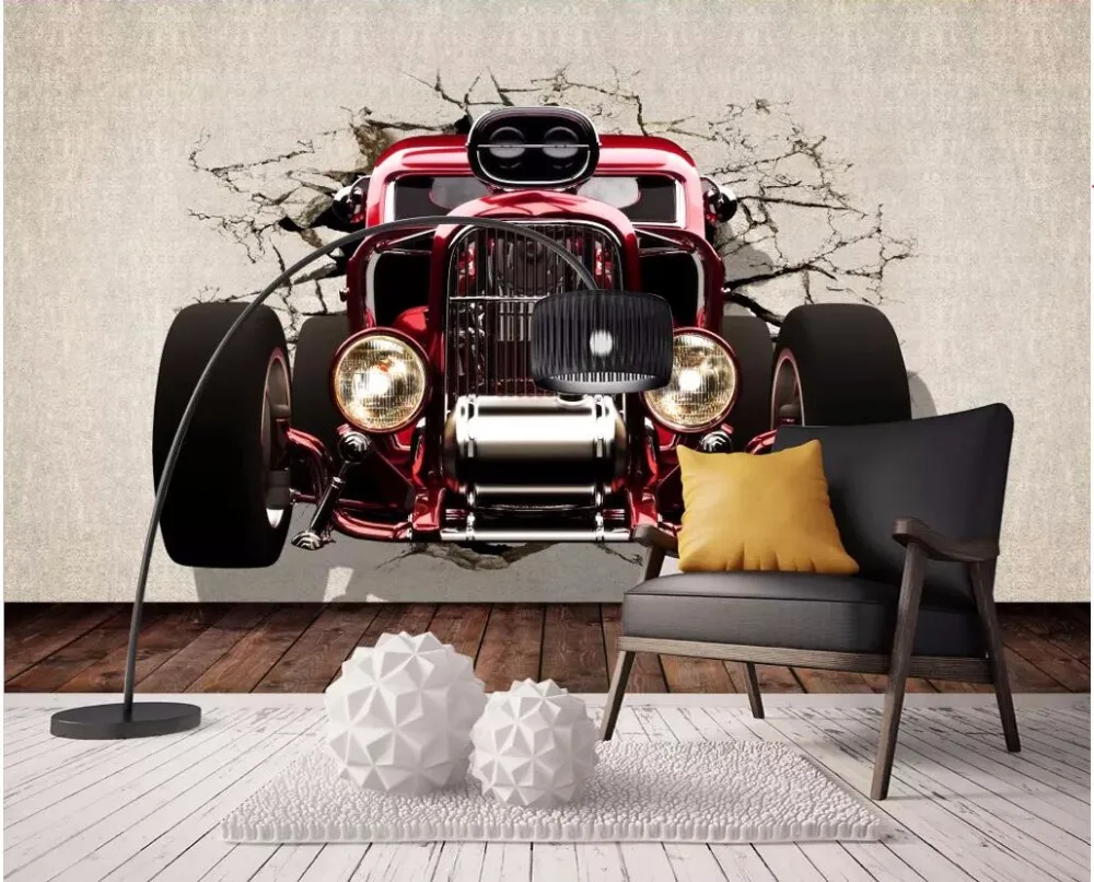 3d обои на заказ фотообои классический автомобиль выскочила из стены гостиной