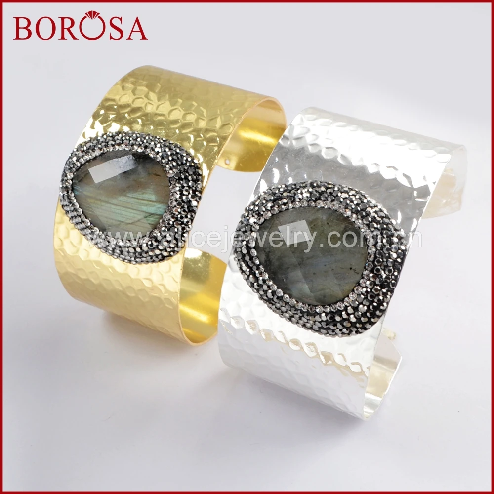 BOROSA 1 шт. Золотой/серебряный цвет стразы паве Природный браслет из Лабрадорита