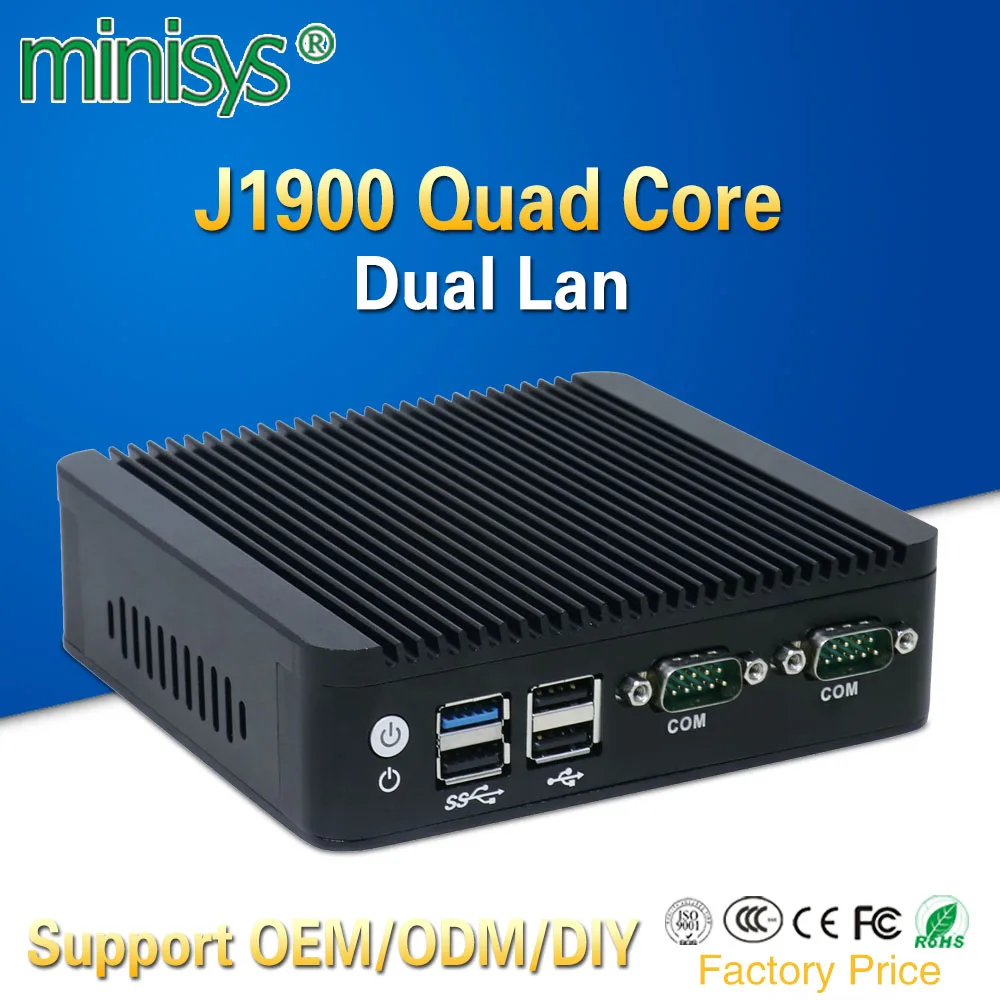 Мини ПК 2 порта lan Intel четырехъядерный J1900 процессор 2,0 ГГц Безвентиляторный Компьютер для windows 7 8 10 OS Встроенный один vga и один HDMI