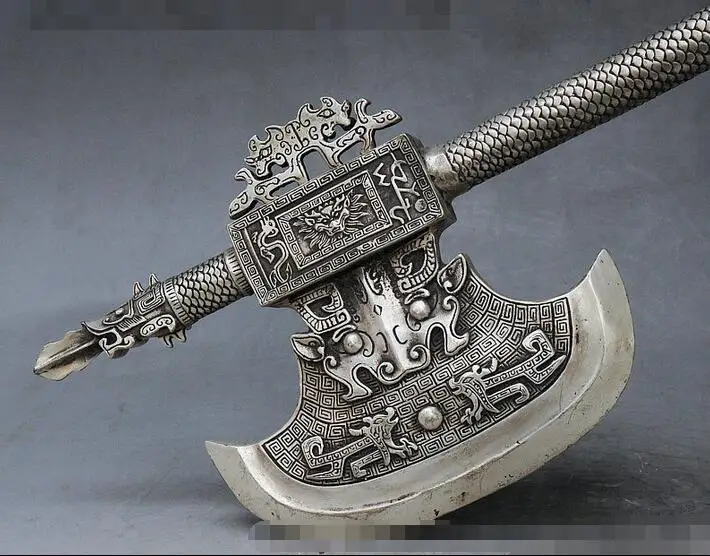 19&quot Ancient China Silver Dragon Lion Beast Hand Shank Weapon Axe Hatchet Statue | Дом и сад