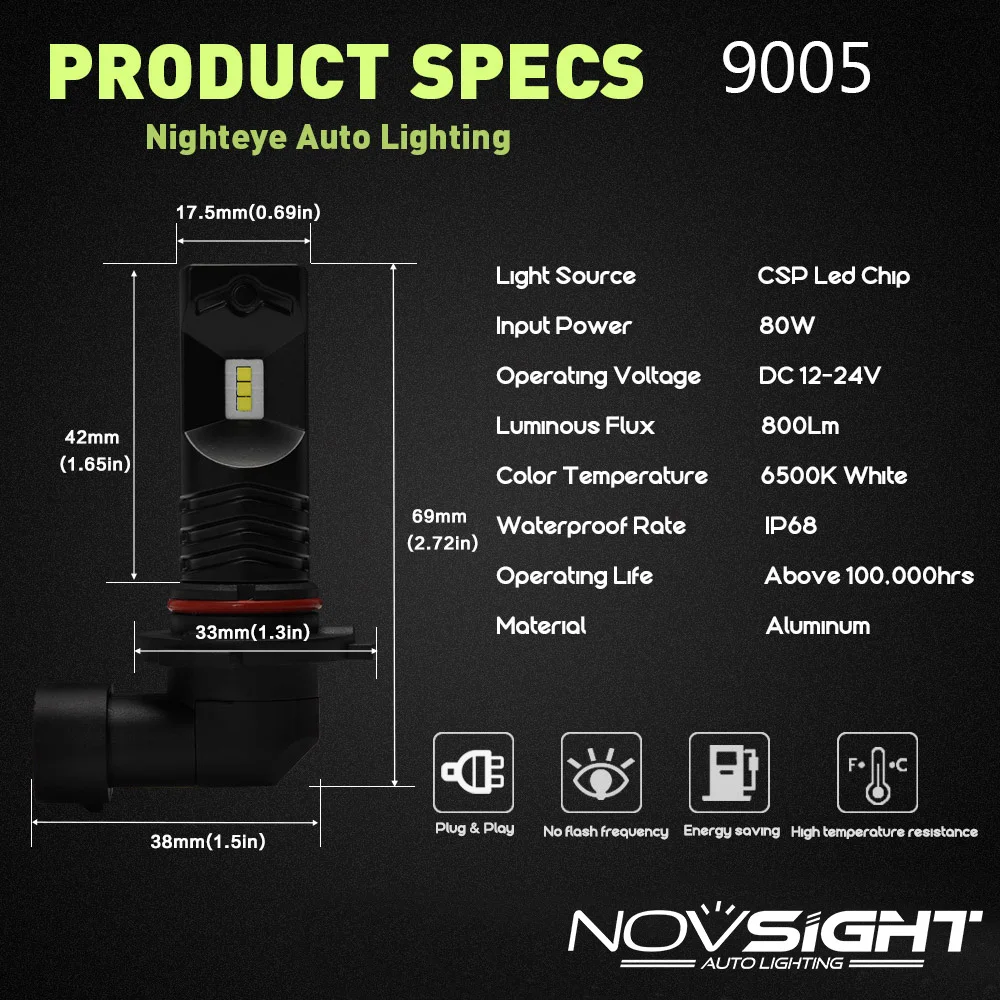 Автомобильный светодиодный светильник Novsight 9006 Hb3 h1 белый противотуманный 6500K 12 в