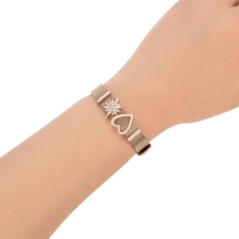 Heart Crystal Bracelet Stainless steel Mesh Charm Needle Buckle Bangle Valentines Gift for Women Lover Fashion Set Jewelry | Украшения и