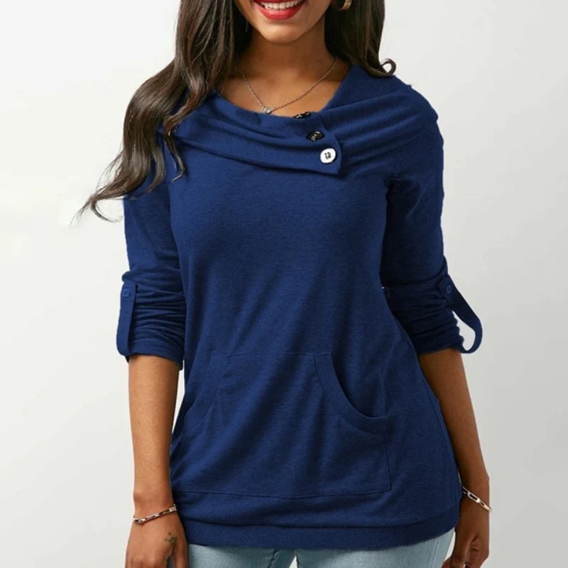 

2018 New Women Casual Pure Color Long Tshirt Asymmetrical Neck Pockets Button Decorate Long Sleeve Female's Autumn Clothing Tops