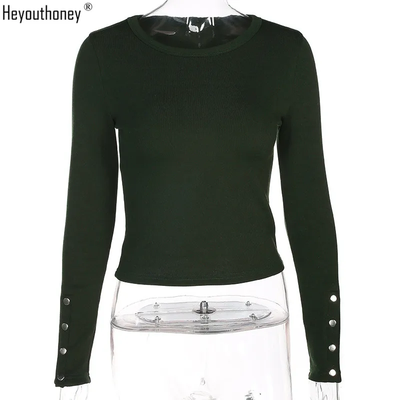 Heyouthoney 2018 spring fashion solid irregular single breasted full sleeve o-neck tshirt crop t-shirt tee top camiseta feminina |