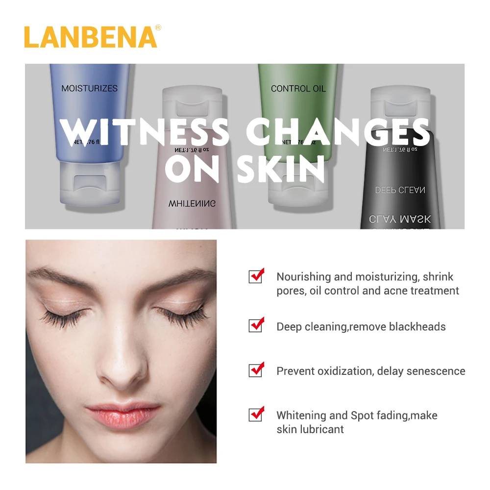 LANBENA Mung Bean Clay Face Mask+Bamboo Charcoal+Blueberry+Rose Deep Cleaning Remove Grease Ageless Shrinks Pores Skin Care 4PCS | Красота и