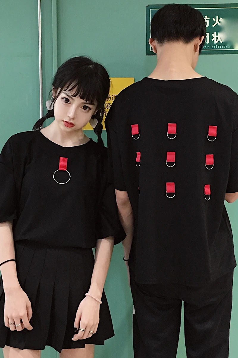 Футболка Femme 2019 летняя парная Одежда корейский Ulzzang Harajuku Личность кольцо женская