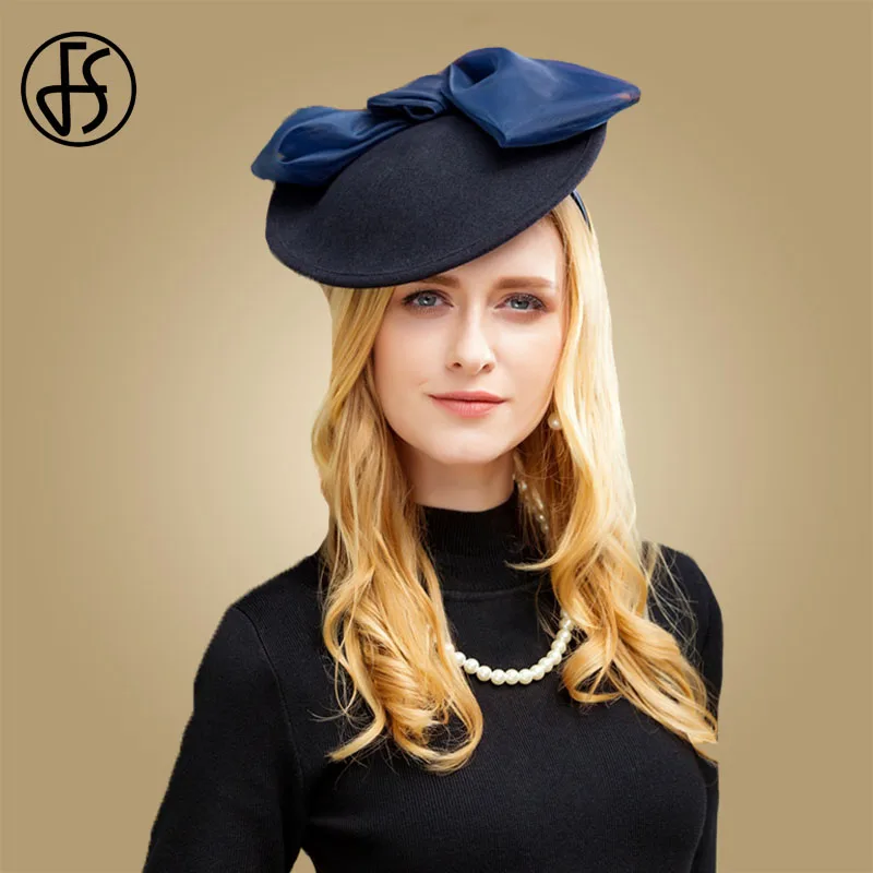 Женская фетровая шляпка Таблетка FS винтажная шерстяная с бантом темно синего