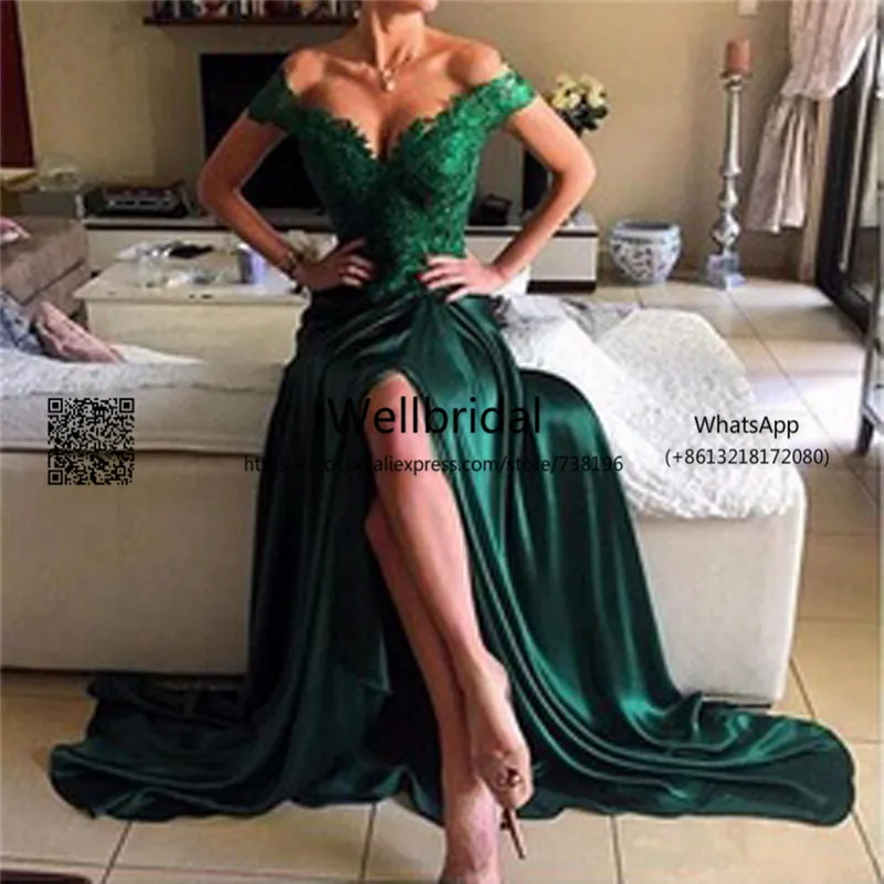 

Elegant 2019 Green prom dresses Long vestidos de fiesta Lace Appliques Front Slit Off Shoulder Formal Evening Prom Party Dress